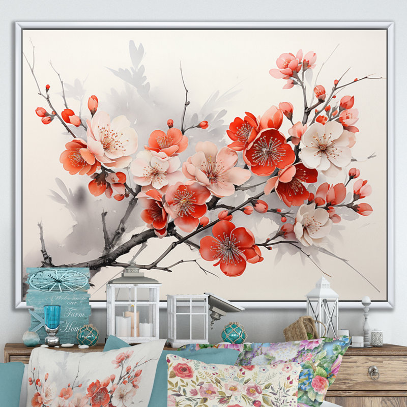 Asian Art Pansies Flowers I - reproduction, H 16 po x l 32 po x P 1 po, Cadre flottant blanc