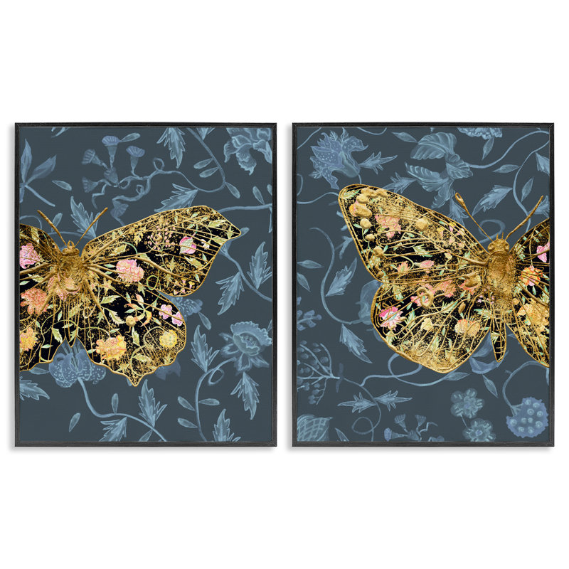 Gold Winged Black Moth Floral  2 PC Black Framed Giclee Art Set by Melissa Wang, Midnight Black Framed Giclee, 14" H x 11" W