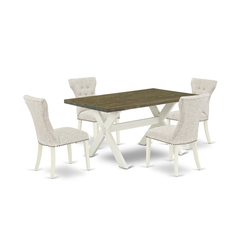 5 Piece Dining Room Table Set Includes a Rectangle Kitchen Table with X-Legs and 4 Doeskin Linen Fabric Parsons Dining Chairs, Wire brushed Linen White