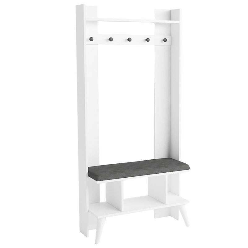 Hall Tree 32.9'' Wide With Bench, Shoe Storage And 5 Hooks, White