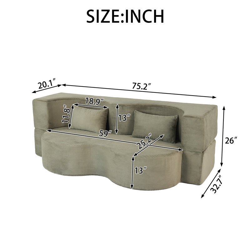 21 lits pliants désossés, convertible compressé de 75 pouces, rembourré de mousse à mémoire de forme, 3 sièges pour le salon