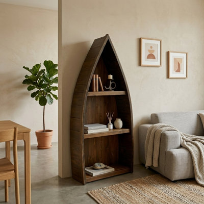 Solid Wood Boat-Shaped Bookcase - Low - Vintage Oak