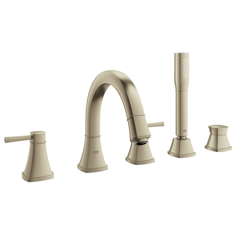 Geneva Double Handle Deck Mounted Roman Tub Faucet with Diverter and Handshower, Brushed Nickel