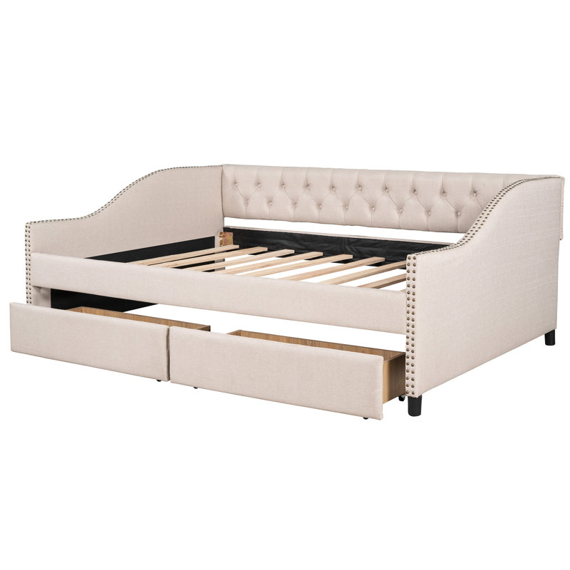 Full Size Daybed With Two Drawers, Beige Upholstery & Wood Slat Back - Enhance Your Home's Aesthetics Drawers In Soft Strong Construction Bring A Calm Vibe To Home