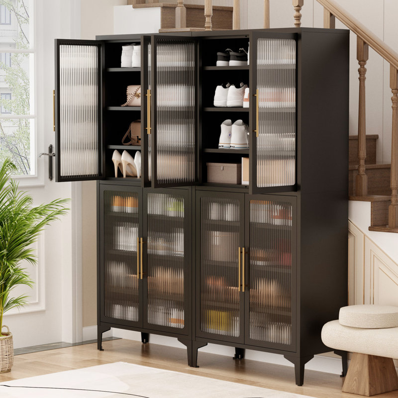 Armoire à chaussures en acier avec 4 portes et 8 tablettes réglables, organisateur de rangement grande capacité avec crochets - H 65 po x l 27,6 po x P 13,8 po, noir / blanc