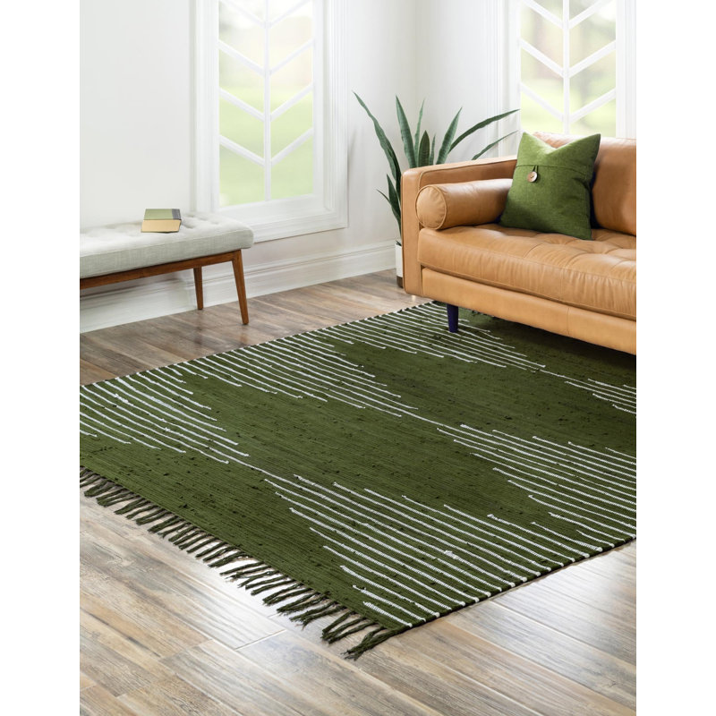 Tapis vert en coton tissé à plat à la main Justice, Carré 7 pi 1 po