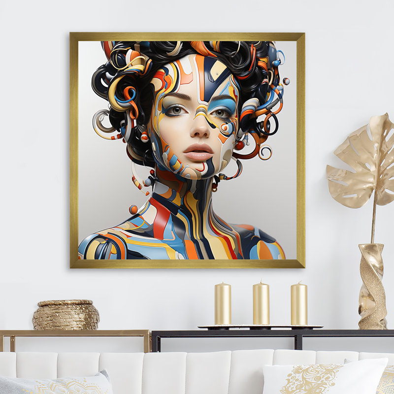 Art numérique sur toile, "Digital Dreams Cybernetic Woman Portrait II", Cadre doré simple, H 30 po x l 30 po x P 1,5 po