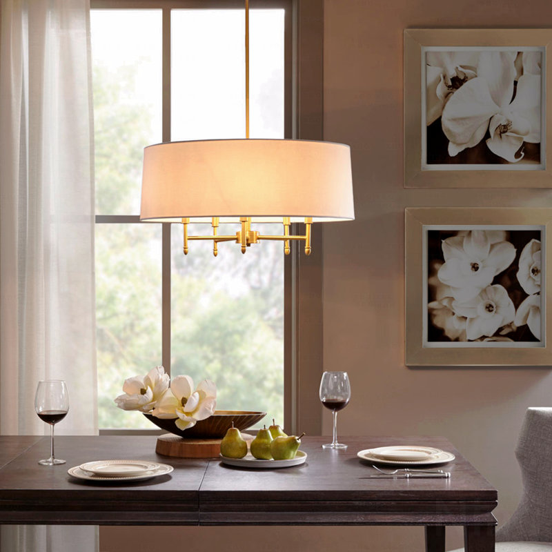 Lustre - configuration à 5 lumières avec abat-jour tambour, Blanc