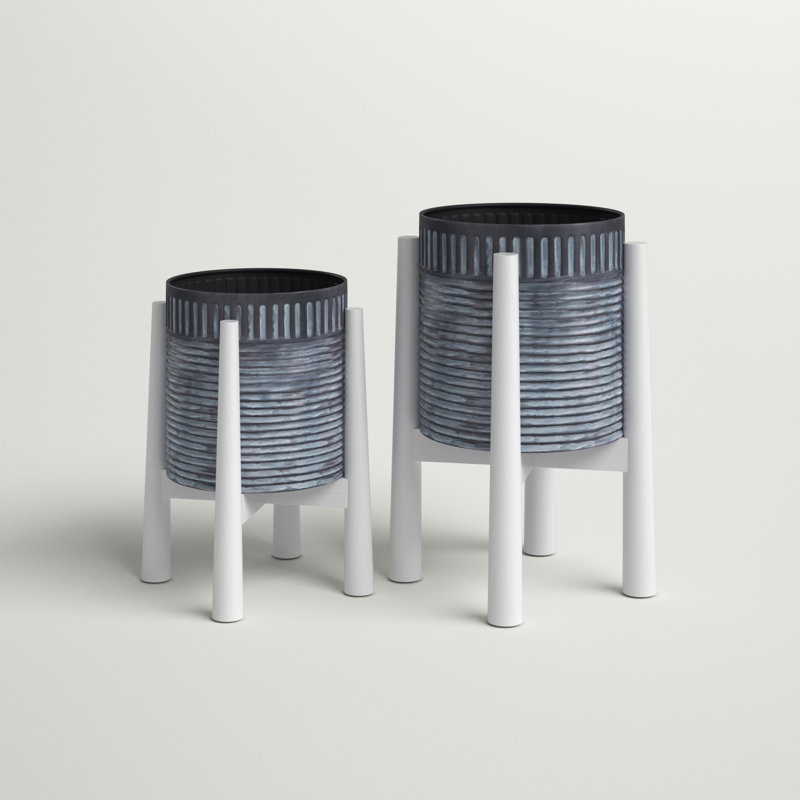 Ensemble de 2 pots de fleurs d'intérieur et d'extérieur blancs avec support en bois amovible, Noir