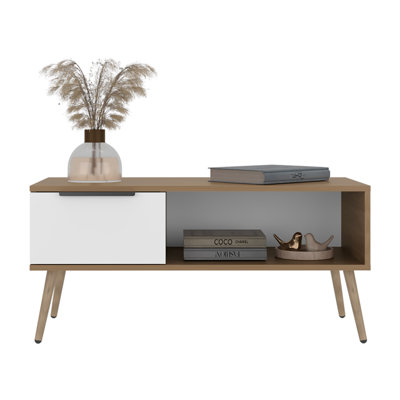 Modern White Coffee Table With Storage Drawer And Open Shelf For Living Room | Gift Idea