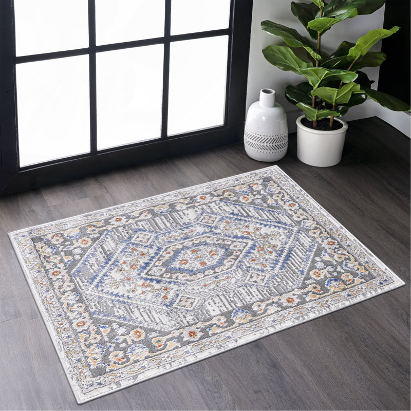 Blue/Cream/Bordered Non-Shedding Living Room Bedroom Dining Home Office Stylish And Stain Resistant Area Rug