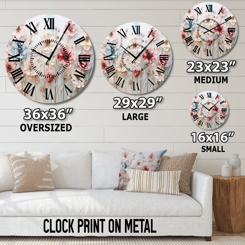 Horloge murale florale blanche et rose, Surdimensionné