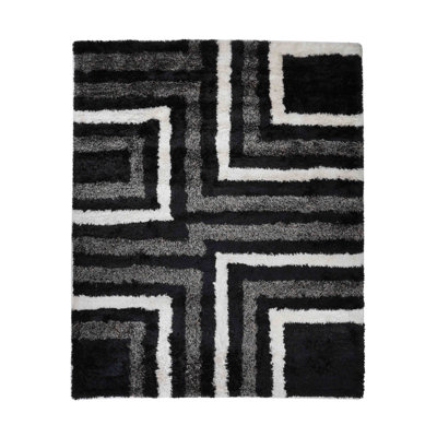 Tapis à poils longs touffetés à la main en polyester écologique - Rectangle, couleur beige noir, conception géométrique moderne, tapis antidérapants faits à la main épais pour le salon, la chambre à coucher