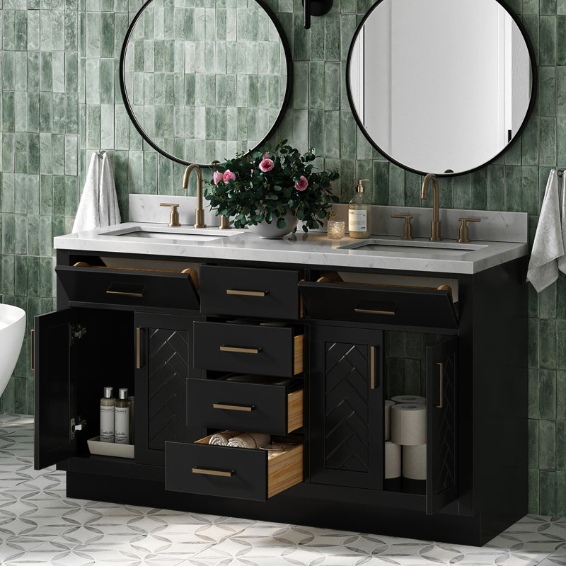 Meuble-lavabo double rectangulaire 60 po à chevrons avec comptoir en quartz blanc Carrara blanc 1,5 po, Rectangulaire, Blanc