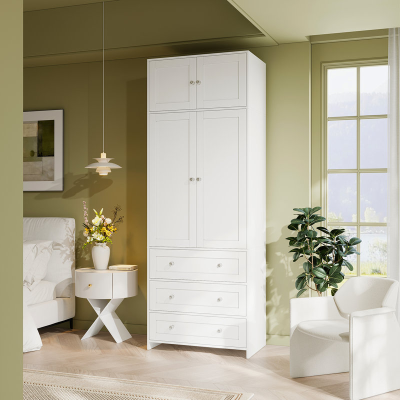 Armoire-penderie 86,6 po avec 3 tiroirs et armoire supérieure, armoire de rangement avec miroir et tringle pour chambre à coucher