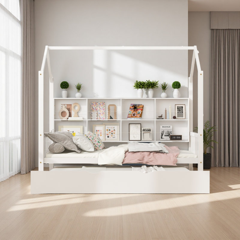 Wooden House Bed With Trundle,Shelf, Twin