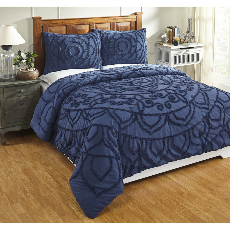  100% Cotton Machine Washable Floral Pattern Comforter with Sham Set, Navy, King Comforter + 2 King Shams