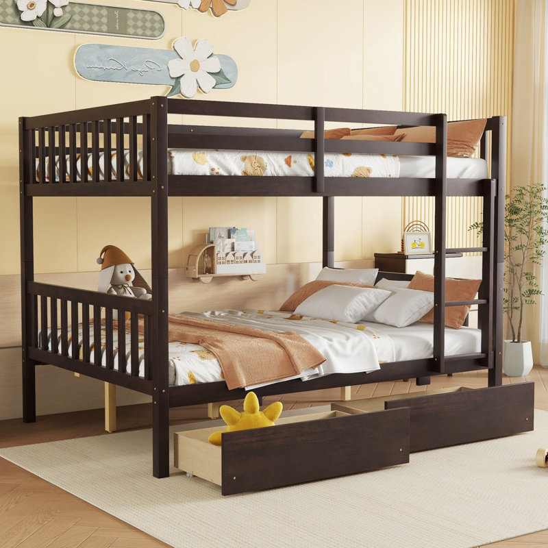 2 Drawers Solid Wood Standard Bunk Bed, Espresso, Full Over Full