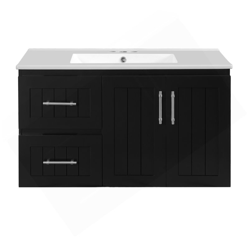 Meuble-lavabo mural 36 po, armoire de rangement flottante avec 2 tiroirs, lavabo simple en céramique 3 trous, armoire moderne avec tablette réglable