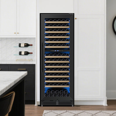 24-Inch Tall Dual Zone Wine Refrigerator -- 154-Bottle Cooler for Built-In or Freestanding Use with Reversible Door Design, Professional Compressor, Low Noise, Fast Cooling, and Intelligent Temperature Memory in Black Finish