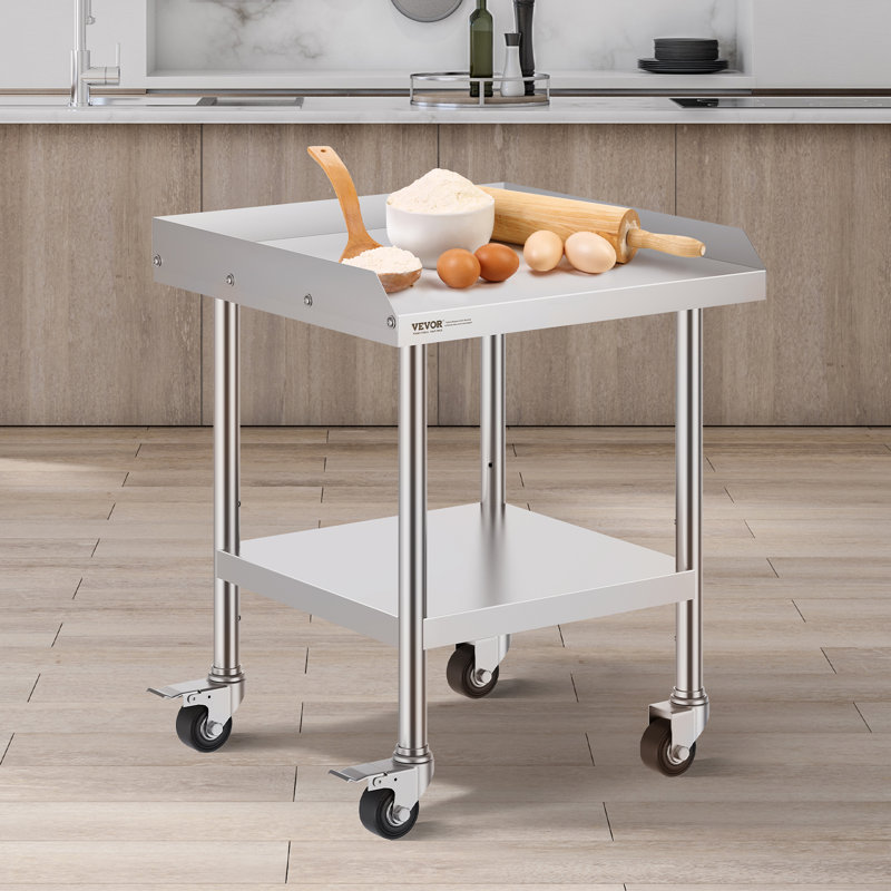 Stainless Steel Work Table, 24 x 24 x 30 Inch Commercial Food Prep Worktable with 4 Wheels, 3-Sided Backsplash Heavy-Duty Prep Worktable, Casters, Metal Work Table for Restaurant Home Hotel
