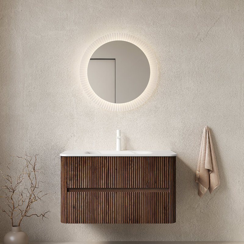 Meuble-lavabo de salle de bain avec lavabo, armoire de rangement flottante avec tiroirs, bassin en pierre frittée, pré-assemblé, idéal pour les salles de bain hygiéniques et spacieuses
