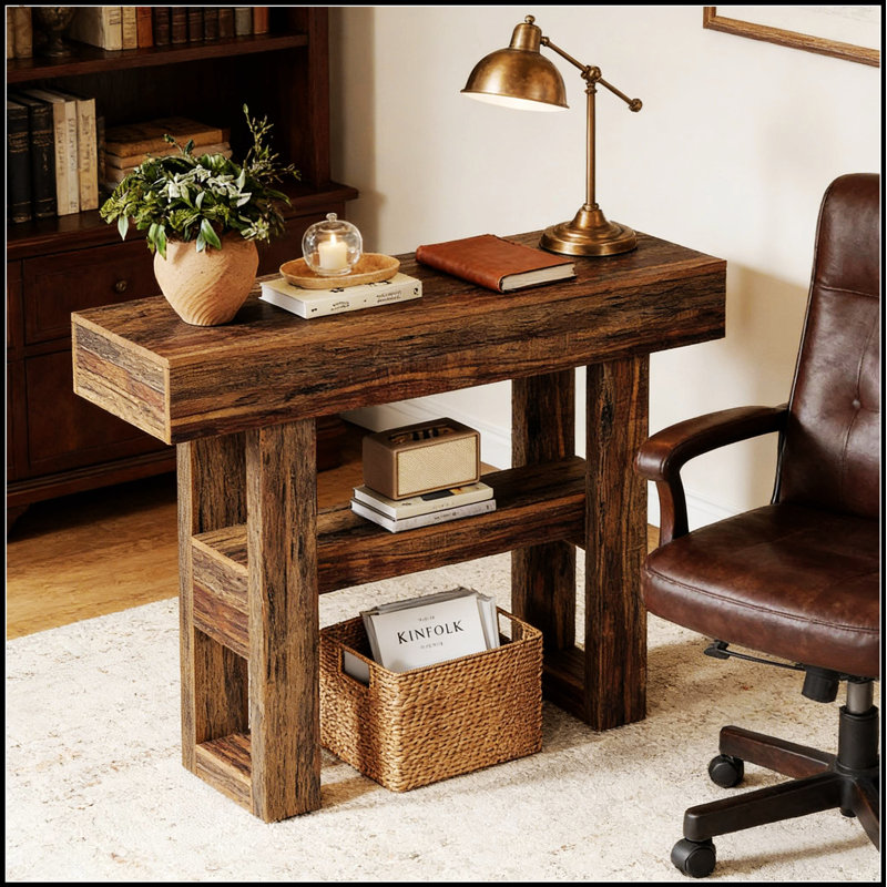 Table de canapé rustique étroite avec des niveaux spacieux pour l'entrée, idéale pour le rangement et la décoration dans des espaces compacts.