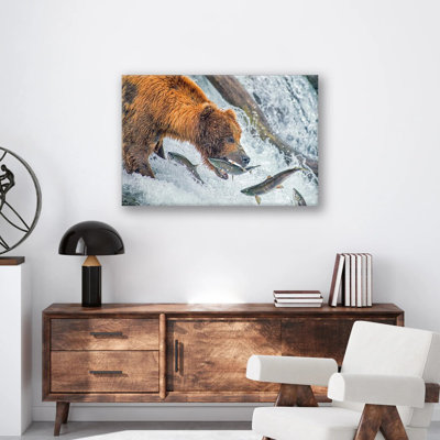 Bear Feeding Print - Wildlife Nature Wall Art - Bear Fishing Scene Canvas Poster - Forest River Animal Artwork - Rustic Cabin Lodge Decor - Scenic Wilderness Wall Hanging - Modern Home Decoration Art Print