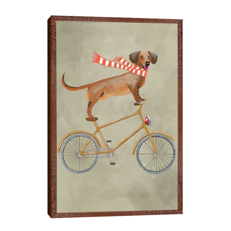 Dachshund On Bicycle II by Coco De Paris - Floater Frame Print on Canvas, Brown, 66.04 cm H x 45.72 cm W