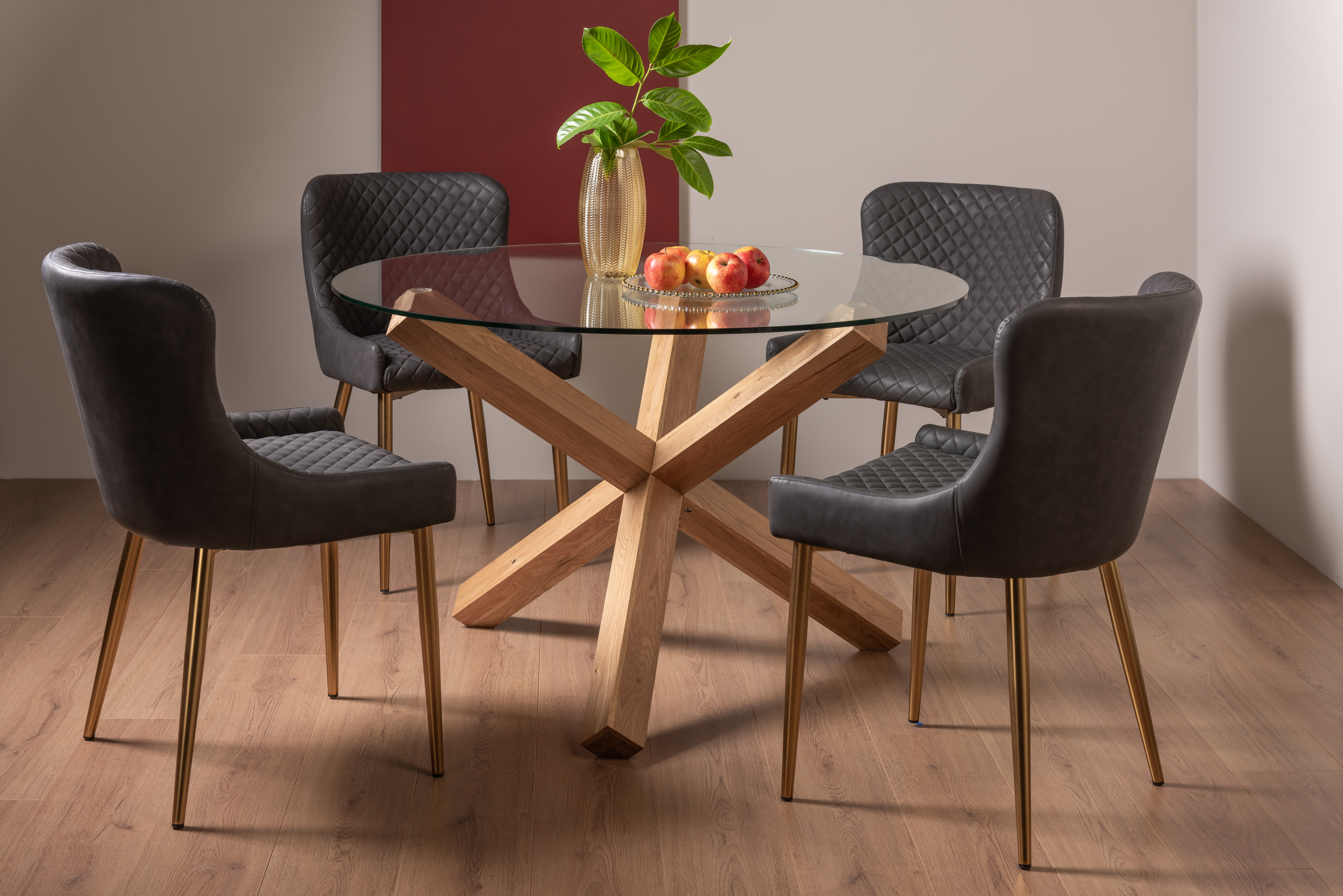 Glass dining table on sale with upholstered chairs