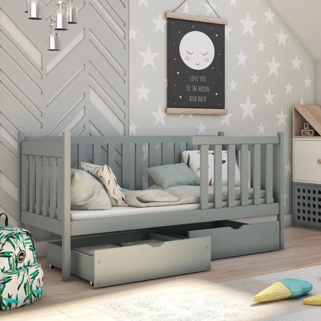 Wooden Single Bed with Storage 90x190cm - Safe Guardrail & Double Drawers