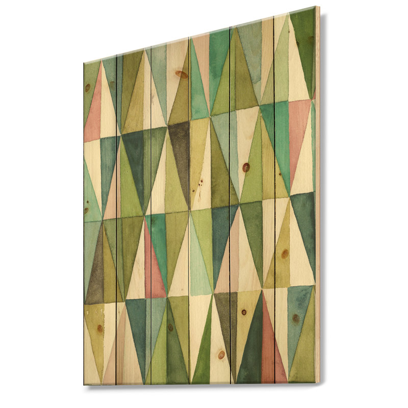 Motif géométrique mixte vert II - impression transitionnelle sur bois de pin naturel, H 20 po x l 12 po x P 1po