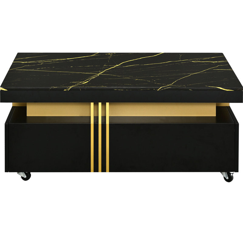 Modern Coffee Table With Marble Effect Top And Caster Wheels, Black Rectangular Rolling