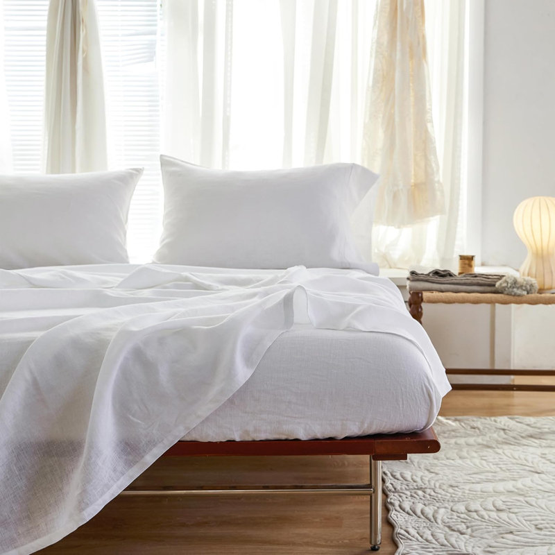 100% French Linen Sheet Set Breathable Durable For Hot Sleepers Bedding 4 Pcs - 1 Flat Sheet,1 Fitted Sheet,2 Pillowcases