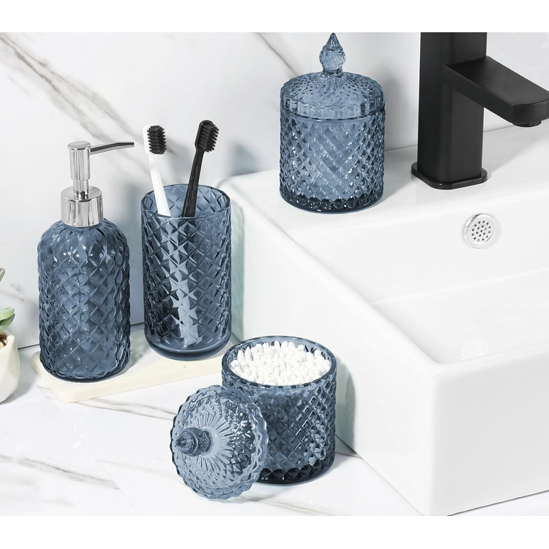 Ensemble de 4 accessoires de salle de bain bleus, distributeur de savon en verre diamant et porte-brosse à dents pour comptoir