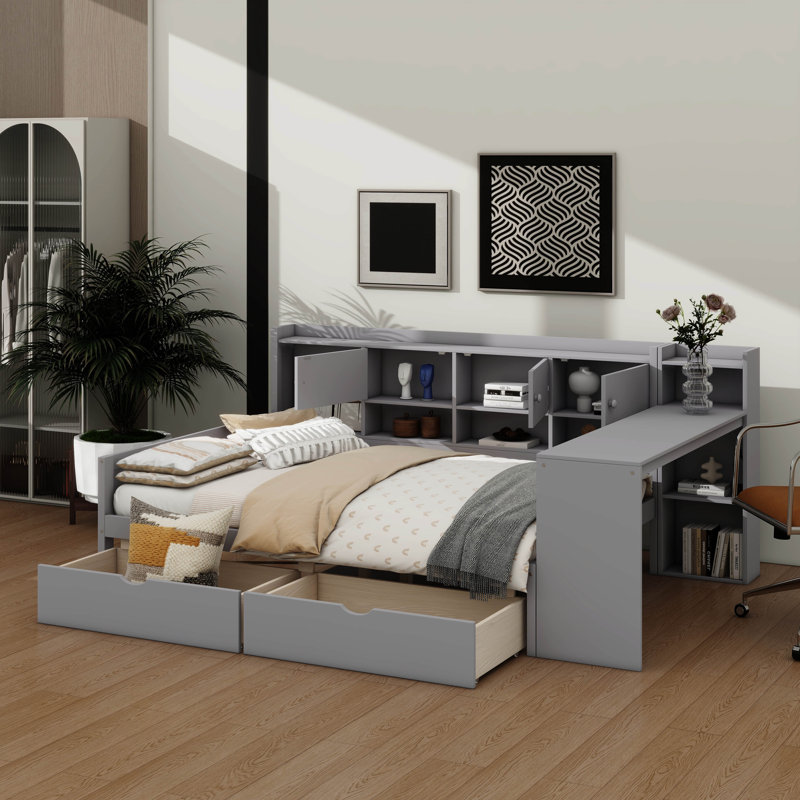  Wooden L-Shaped Daybed With Seven Storage Spaces And Two Drawers, Multi-Functional Bed With Built-In Study Desk And Bookshelf