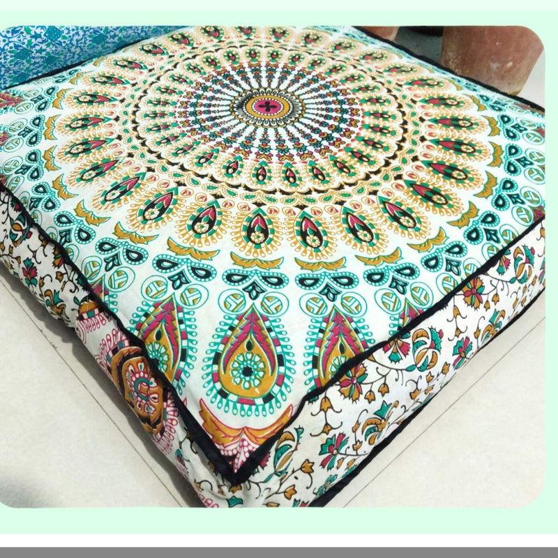 Boho Chic Floor Pillow Cushion Cover - Large Seating Throw Case for Meditation - Decorative Hippie Ottoman Pouf - Zipped Mustard Square