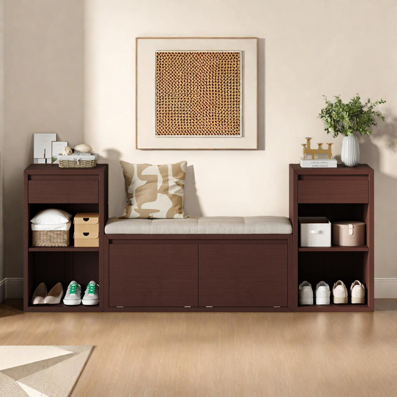 Banc de rangement pour hall d'entrée avec coussin, tiroirs, tablettes et rangement pour chaussures rabattable, Bois espresso