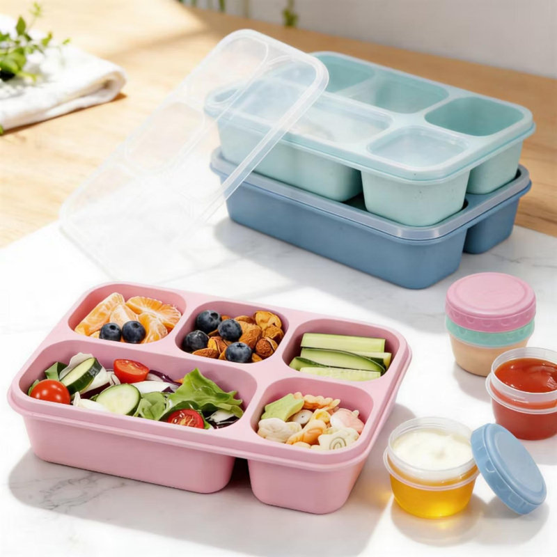 Contenants à collation et à déjeuner à 5 compartiments, paquet de 3 1300 ml avec 3 contenants à sauce, paille de blé allant au lave-vaisselle pour l'école de travail