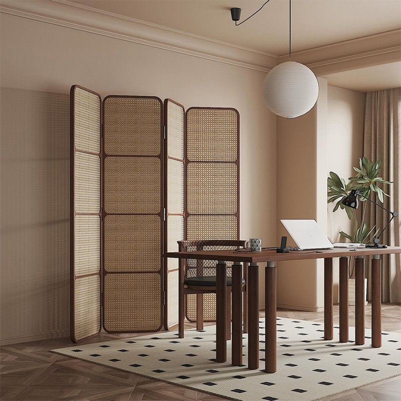 4 panneaux beige, rotin brun et paravent en bois massif, H 74,8 po x l 78,74 po x P 1,18 po, Beige/brun