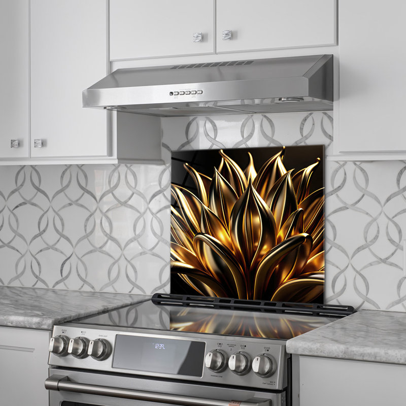 Dosseret en verre trempé Golden Bloom - Décoration murale de cuisine, H 12 po x l 17 po x P 0,5 po