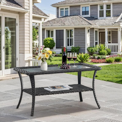 Coffee Table - Patio Rattan Wicker Coffee Table With Tempered Glass Top And 2-Tier Storage Outdoor Table For Deck Porch Balcony Garden