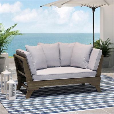 Canapé d'extérieur convertible | Lit de jour extensible en bois d'acacia avec accoudoirs réglables et coussins amovibles | Patio porche au bord de la piscine | Tissu
