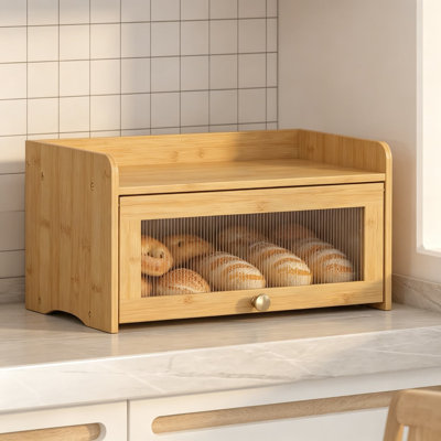 Vintage Bamboo Bread Box for Kitchen Countertop, Farmhouse Bread Container with Window and Magnetic Latch, Large Storage for Bread, Pastries, Bagels, and Fruits