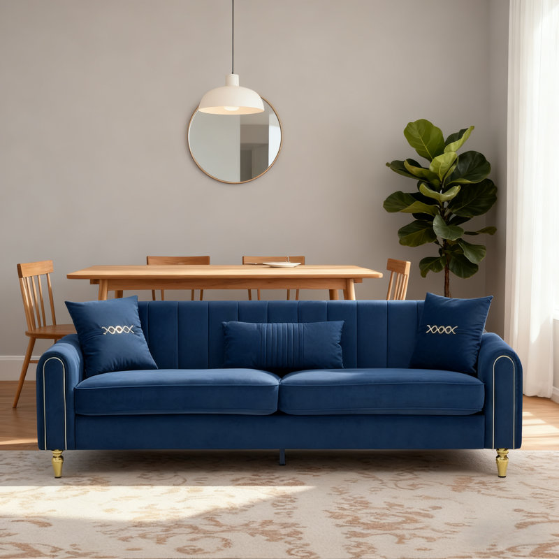87.4" 3-Seater Upholstered Living Room Sofa with High Resilience Foam, Pocket Spring Seats & Metal Legs, Retro Blue