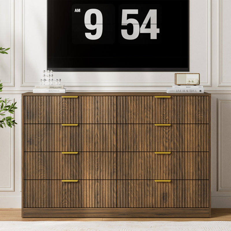 Fluted Dresser For Bedroom With 8 Drawers, 55" Wide Modern Chest Of Drawers With Metal Handle, Rustic Walnut