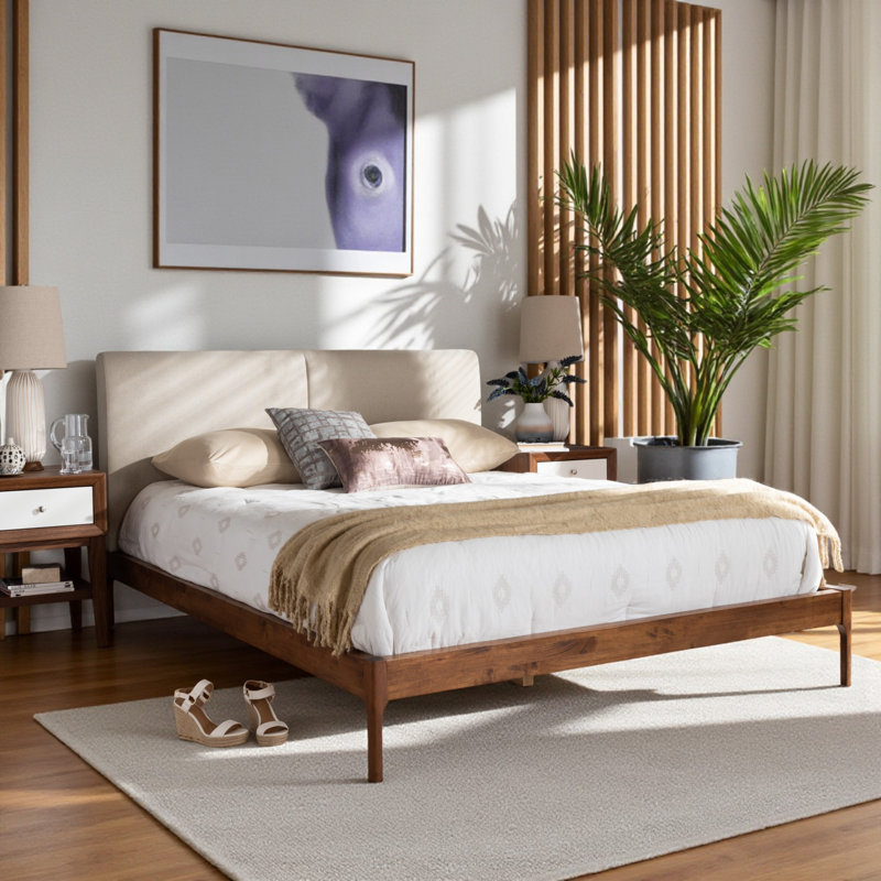 Lit plateforme tapissier à profil bas Kiera, Beige, Double