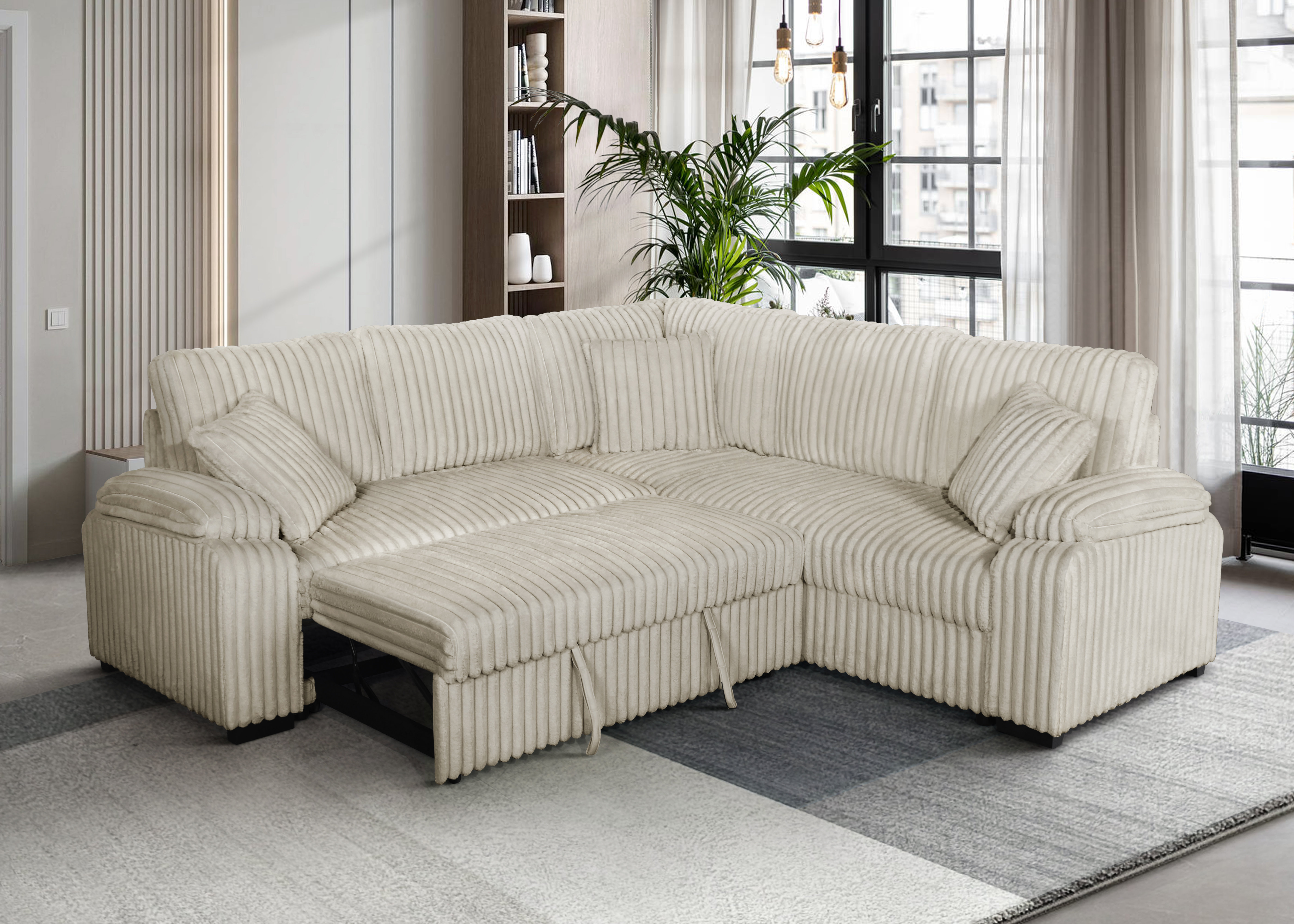 Latitude Run® The Haven Reversible Sleeper Sectional In Ivory Corduroy | Wayfair
