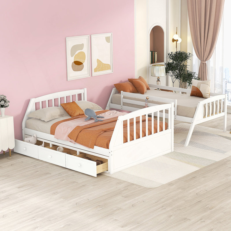 Lit superposé avec tiroirs, échelle et escalier de rangement, Blanc