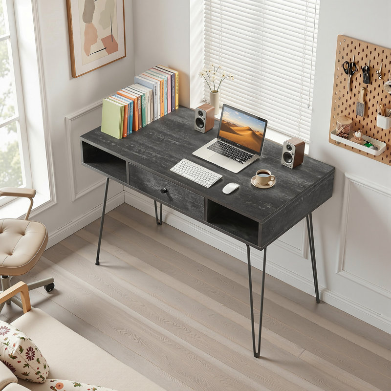 Modern Home Office Table with Drawers, Computer Desk with Open Storage Cubby, Writing Study Desk with Metal Legs for Home Office